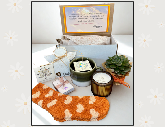 Greeting card with a candle, plant, and other items on a white surface