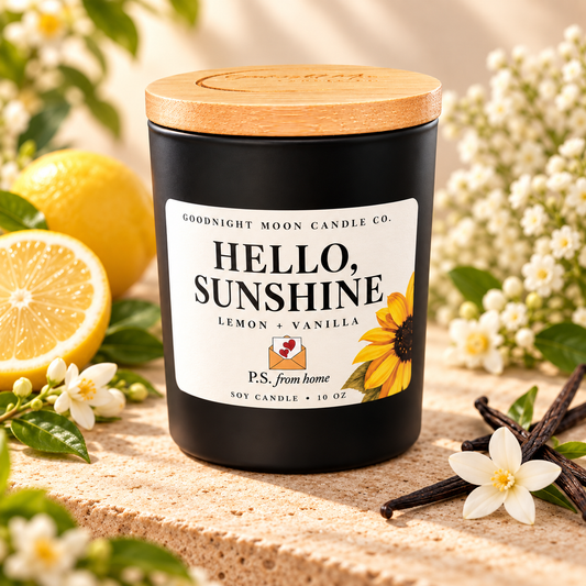 A black soy candle jar with a light wood lid sits on a stone surface surrounded by lemons, white flowers, and vanilla beans. The front label reads “HELLO, SUNSHINE” with “LEMON + VANILLA” below and “Goodnight Moon Candle Co.