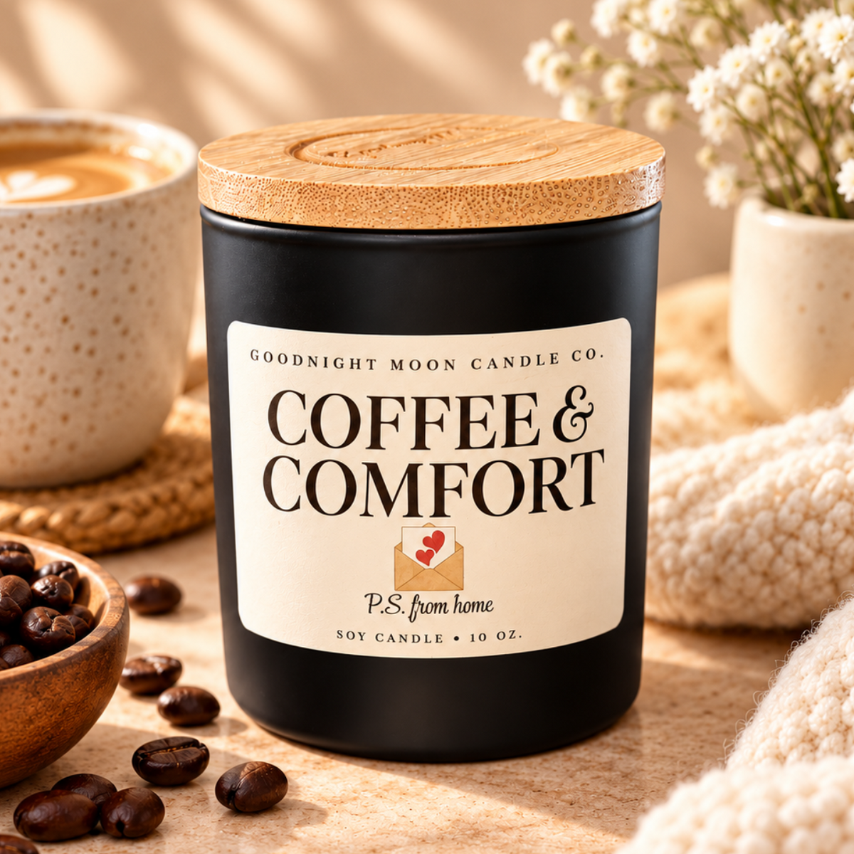 A black soy candle jar with a light wood lid and a cream label reading 'COFFEE & COMFORT' by Goodnight Moon Candle Co., styled on a tabletop with coffee beans, a cup of coffee, and a knit blanket.