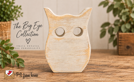 A rustic wooden owl figurine with distressed beige and light brown tones, featuring large circular eye cutouts, displayed on a wooden surface with decorative plants in the background. Text overlays on the left read 'The Big Eye Collection' and 'P.
