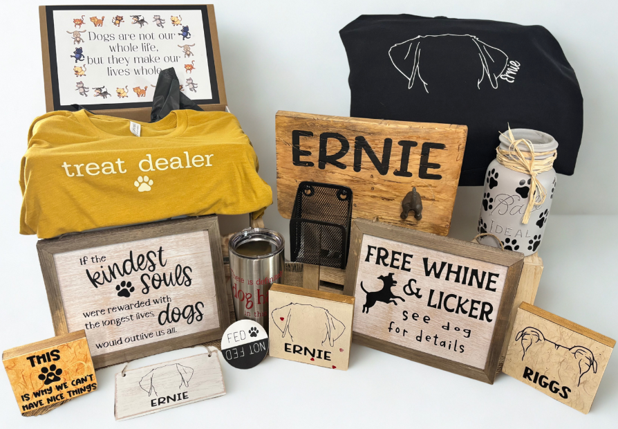 Collection of pet-themed products including t-shirts, signs, and mugs on a white surface.
