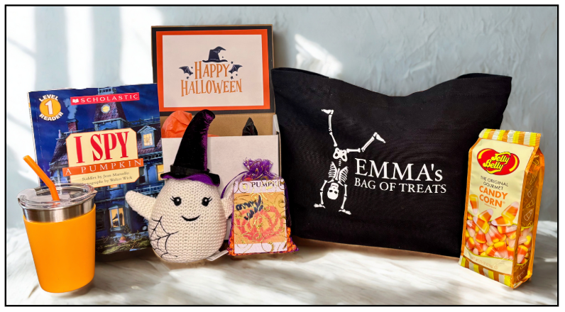 Halloween-themed gift bag with treats and a black pillow with 'Emma's Bag of Treats' on a light background.