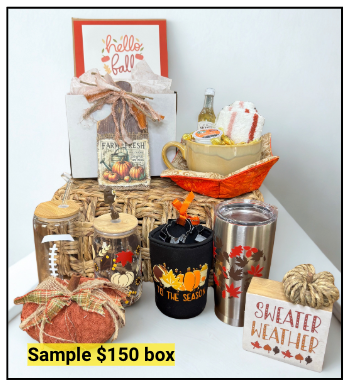Collection of autumn-themed items including a mug, bottle, and decorative signs on a white background.
