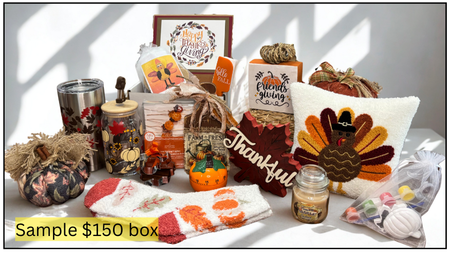 Collection of Thanksgiving-themed items including a pillow with a turkey design, candles, and decorative jars on a white surface.