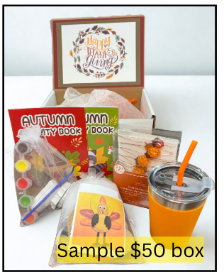 Sample $50 box with books, a tumbler, and other items on a white background