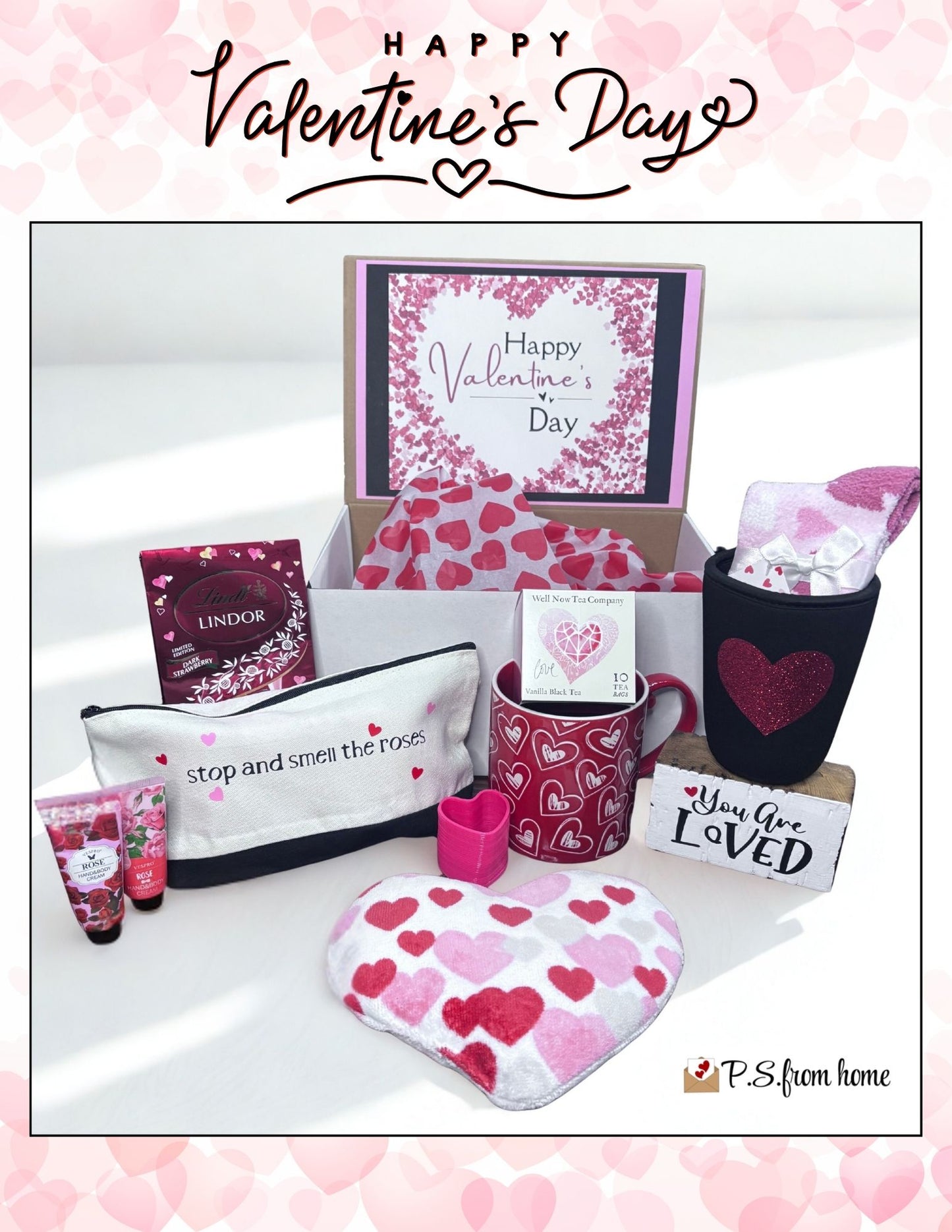 Valentine's Day gift set with various items on a white background