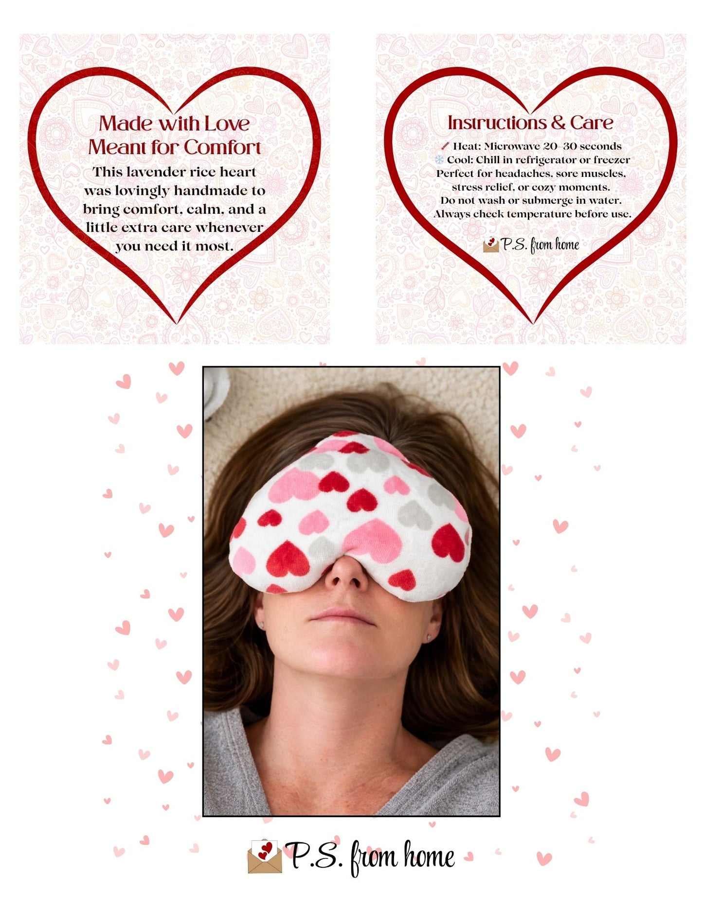 Heart-shaped lavender rice eye mask with instructions on a white background