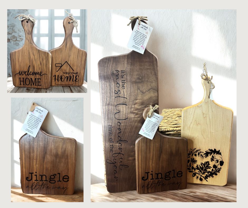 Set of wooden cutting boards with engraved text on a neutral background
