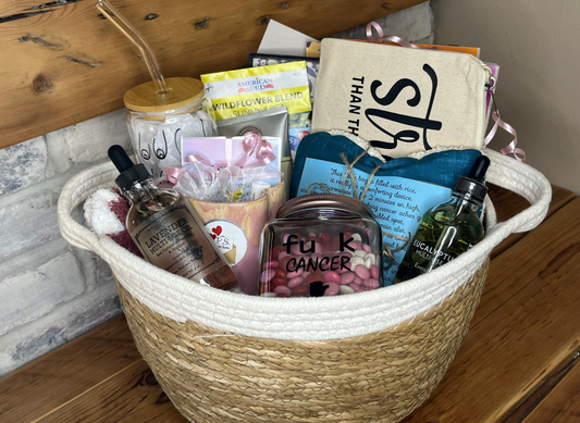 Woven basket filled with various items on a wooden surface