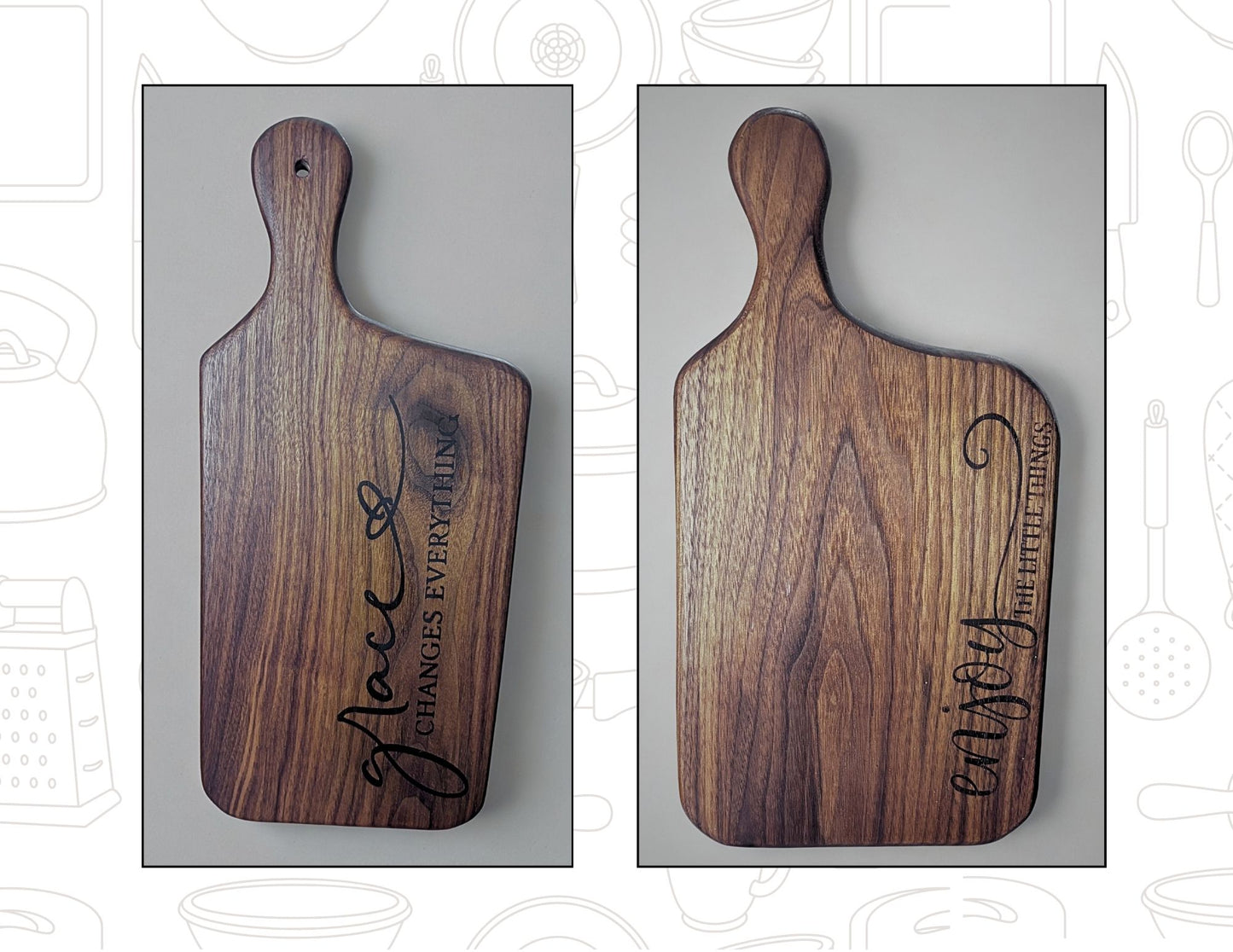 Two wooden cutting boards with engraved text on a white background