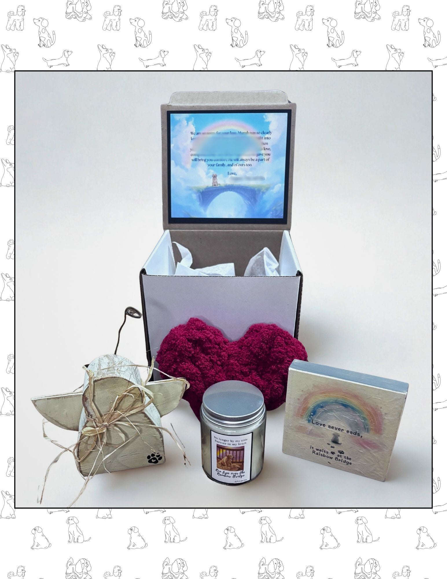 Gifting set with a candle, heart-shaped pillow, and card on a white background.